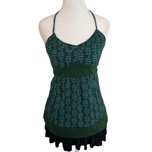 Green Halter Top Blue Leaf Print Sleeveless Tank Ruffle Hem Casual